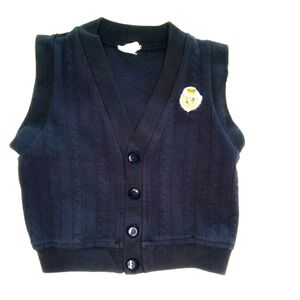 Tradition badge blue cable knit button up cardigan vest